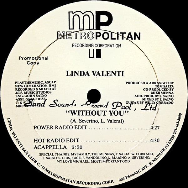Linda Valenti : Without You (12", Promo)