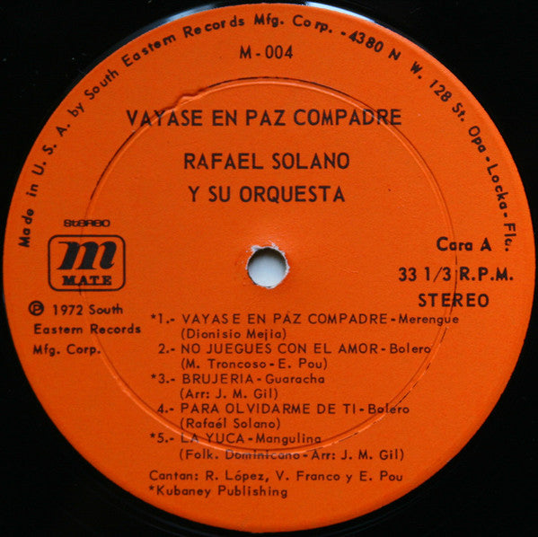 Rafael Solano Y Su Orquesta : Vayase En Paz (LP, Album)