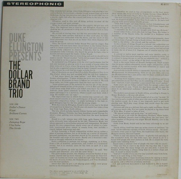 Duke Ellington Presents Dollar Brand Trio : Duke Ellington Presents The Dollar Brand Trio (LP, Album)