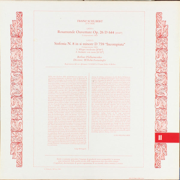 Franz Schubert - Wilhelm Furtwängler, Berliner Philharmoniker : Rosamunde Ouverture Op. 26 D 644 / Sinfonia N. 8 In Si Minore D 759 "Incompiuta" (LP)