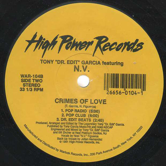 Tony Garcia featuring N.V. - Crimes Of Love vinyl record, 12" (Good Plus (G+)) | Lulo Records