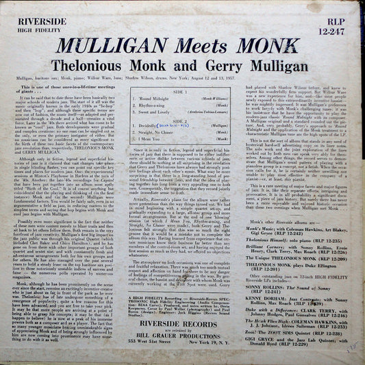 Thelonious Monk And Gerry Mulligan - Mulligan Meets Monk vinyl record, LP (Very Good (VG)) | Lulo Records