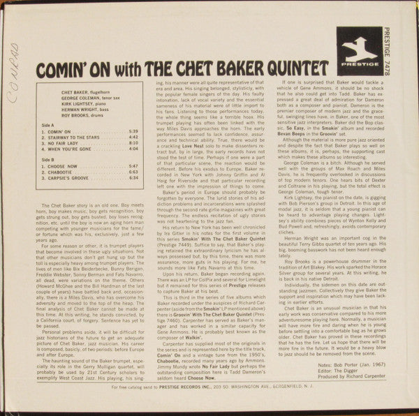 The Chet Baker Quintet : Comin' On With The Chet Baker Quintet (LP, Album, RE)
