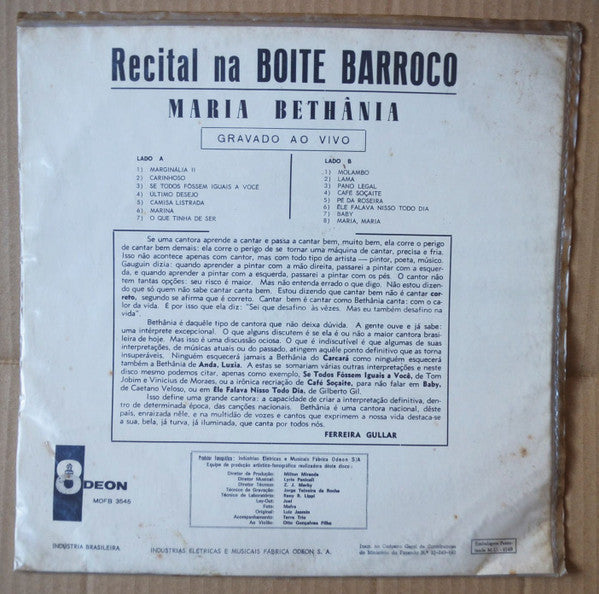Maria Bethânia : Recital Na Boite Barroco (LP, Album, Mono, San)