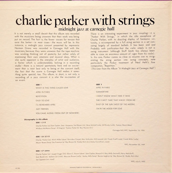 Charlie Parker With Strings : Midnight Jazz At Carnegie Hall (LP, Album, Mono, RE)