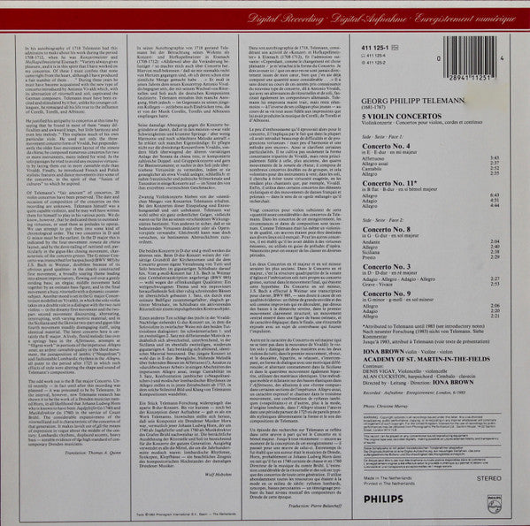 Georg Philipp Telemann, Iona Brown, The Academy Of St. Martin-in-the-Fields : 5 Violin Concertos (LP, Album)