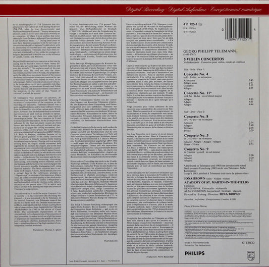 Georg Philipp Telemann, Iona Brown, The Academy Of St. Martin-in-the-Fields - 5 Violin Concertos vinyl record, LP (Near Mint (NM or M-)) | Lulo Records