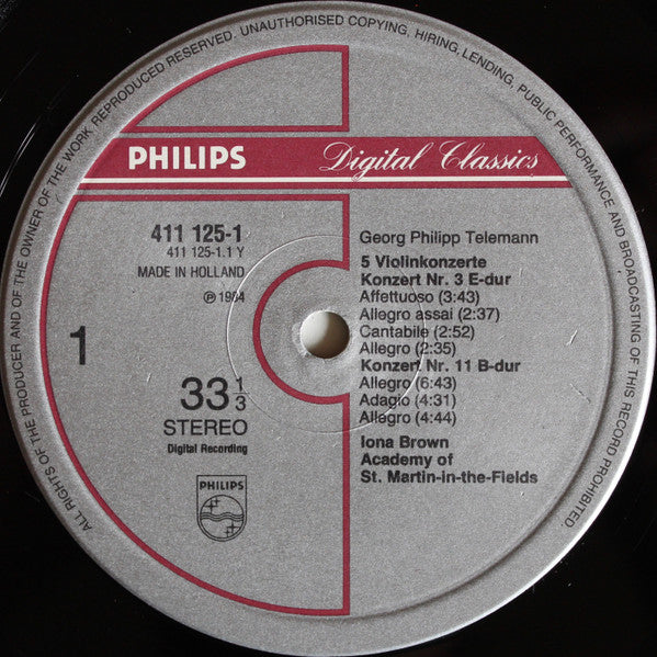 Georg Philipp Telemann, Iona Brown, The Academy Of St. Martin-in-the-Fields : 5 Violin Concertos (LP, Album)