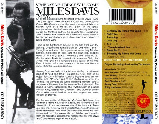 The Miles Davis Sextet - Someday My Prince Will Come vinyl record, CD (Near Mint (NM or M-)) | Lulo Records