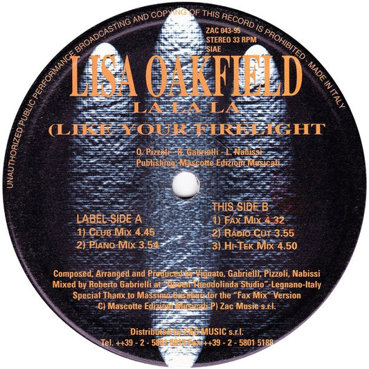 Lisa Oakfield - La La La (Like Your Firelight) vinyl record, 12" (Very Good Plus (VG+)) | Lulo Records