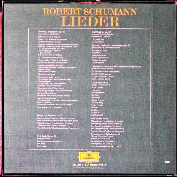 Robert Schumann - Dietrich Fischer-Dieskau, Christoph Eschenbach : Lieder Volume 1 - Nach Gedichten Von . On Poems By . Sur Des Poèmes De Eichendorff ▪ Rückert ▪ Geibel ▪ Chamisso (3xLP + Box)