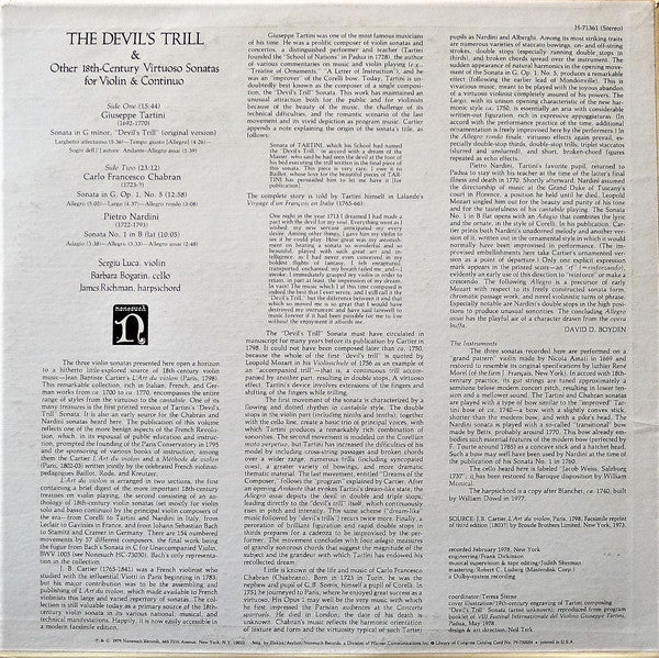 Giuseppe Tartini, Carlo Francesco Chabran & Pietro Nardini - Barbara Bogatin, Sergiu Luca, James Richman : The Devil's Trill & Other 18th-Century Virtuoso Sonatas For Violin & Continuo (LP)