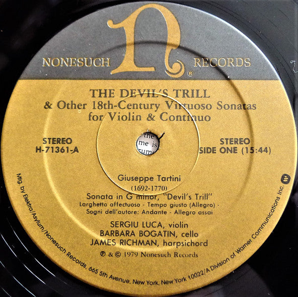 Giuseppe Tartini, Carlo Francesco Chabran & Pietro Nardini - Barbara Bogatin, Sergiu Luca, James Richman : The Devil's Trill & Other 18th-Century Virtuoso Sonatas For Violin & Continuo (LP)