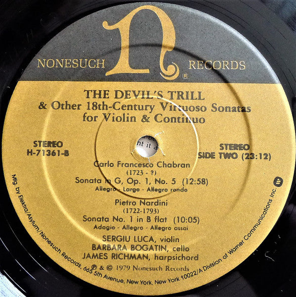 Giuseppe Tartini, Carlo Francesco Chabran & Pietro Nardini - Barbara Bogatin, Sergiu Luca, James Richman : The Devil's Trill & Other 18th-Century Virtuoso Sonatas For Violin & Continuo (LP)
