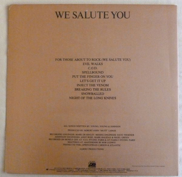 AC/DC : For Those About To Rock (We Salute You) (LP, Album, Club, Gat)
