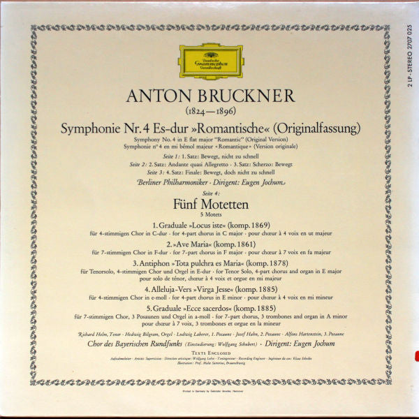 Anton Bruckner ‧ Eugen Jochum ‧ Berliner Philharmoniker ‧ Chor Des Bayerischen Rundfunks : Symphonie Nr. 4 "Romantische" ‧ 5 Motetten (2xLP, RE, Gat)