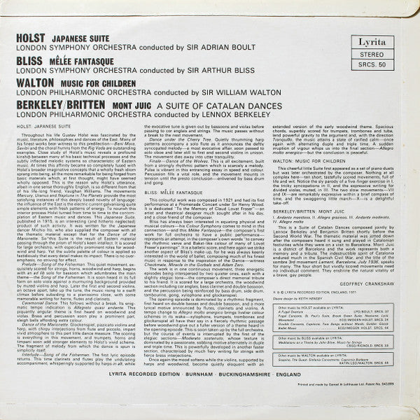 Gustav Holst / Arthur Bliss / Lennox Berkeley / Benjamin Britten / Sir William Walton : Japanese Suite / Mêlée Fantasque / Mont Juic (Suite Of Catalan Dances) / Music For Children (LP)