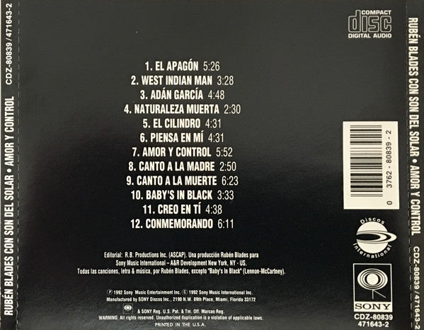 Ruben Blades Con Son Del Solar : Amor Y Control (CD, Album)