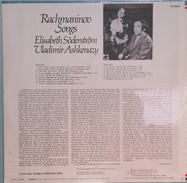 Sergei Vasilyevich Rachmaninoff, Elisabeth Söderström, Vladimir Ashkenazy : Songs (LP)