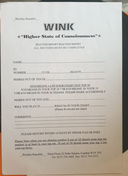 Josh Wink : Higher State Of Consciousness (12", Promo)