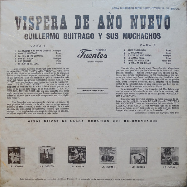 Guillermo Buitrago Y Sus Muchachos : Vispera De Año Nuevo (LP, Album, Mono, RP)