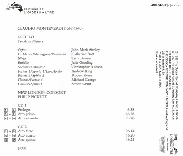 Claudio Monteverdi – Philip Pickett, New London Consort : L'Orfeo (2xCD, Album)