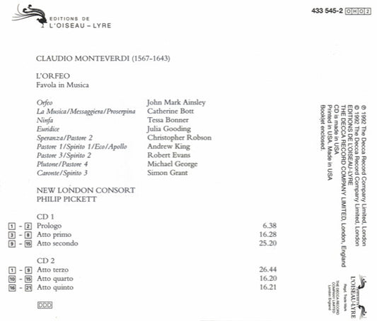Claudio Monteverdi – Philip Pickett, New London Consort - L'Orfeo vinyl record, 2xCD (Near Mint (NM or M-)) | Lulo Records