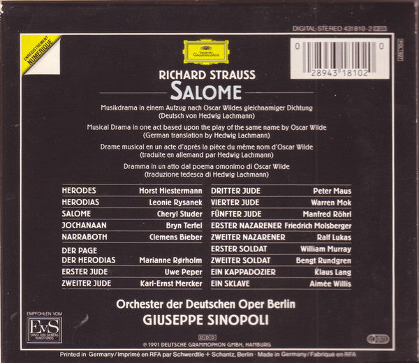 Richard Strauss, Cheryl Studer, Leonie Rysanek, Bryn Terfel, Horst Hiestermann, Orchester Der Deutschen Oper Berlin, Giuseppe Sinopoli : Salome (2xCD + Box)