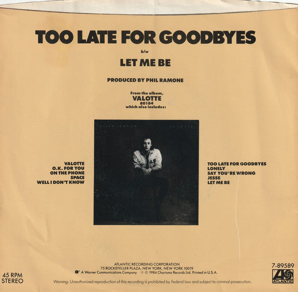 Julian Lennon : Too Late For Goodbyes (7", Single, SP )