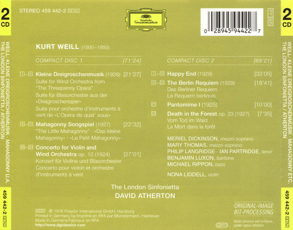 Kurt Weill - David Atherton (2), London Sinfonietta : Kleine Dreigroschenmusik / Mahagonny Songspiel / Happy End / Berliner Requiem / Violin Concerto (2xCD, Comp, RE, RM)