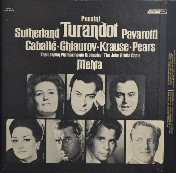 Puccini*, Sutherland*, Pavarotti*, Caballé*, Ghiaurov*, Krause*, Pears*, Mehta* : Turandot (3xLP, Album + Box, RE)