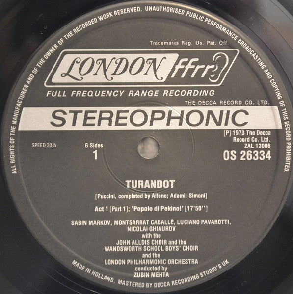 Puccini*, Sutherland*, Pavarotti*, Caballé*, Ghiaurov*, Krause*, Pears*, Mehta* : Turandot (3xLP, Album + Box, RE)