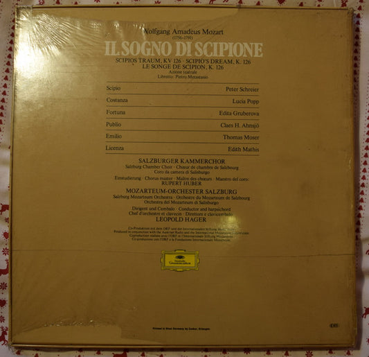 Wolfgang Amadeus Mozart - Edita Gruberova, Edith Mathis, Lucia Popp, Claes-Håkan Ahnsjö, Thomas Moser, Peter Schreier, Salzburger Kammerchor, Das Mozarteum Orchester Salzburg, Leopold Hager - Il Sogno Di Scipione vinyl record, 3xLP (Near Mint (NM or M-)) | Lulo Records