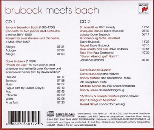 The Dave Brubeck Quartet Featuring Bach-Collegium München, Anthony Und Joseph Paratore, Russell Gloyd - Brubeck Meets Bach vinyl record, 2xCD (Mint (M)) | Lulo Records