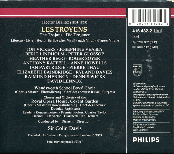 Hector Berlioz - Jon Vickers · Josephine Veasey · Berit Lindholm · Orchestra Of The Royal Opera House, Covent Garden & Chorus Of The Royal Opera House, Covent Garden, Sir Colin Davis : Les Troyens (4xCD, Album, RE, RM + Box, Sli)