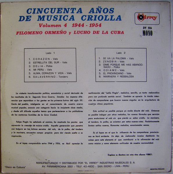 Filomeno Ormeño Belmonte Y Lucho De La Cuba : Cincuenta Años De Musica Criolla Volumen 4  1944 - 1954 (LP, Album, Mono)