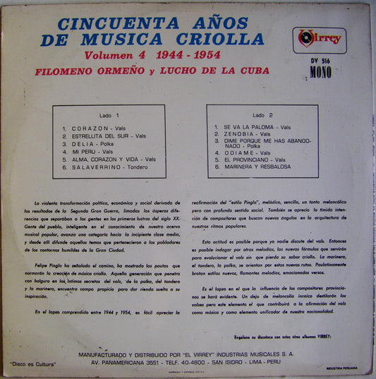 Filomeno Ormeño Belmonte Y Lucho De La Cuba - Cincuenta Años De Musica Criolla Volumen 4  1944 - 1954 vinyl record, LP (Near Mint (NM or M-)) | Lulo Records