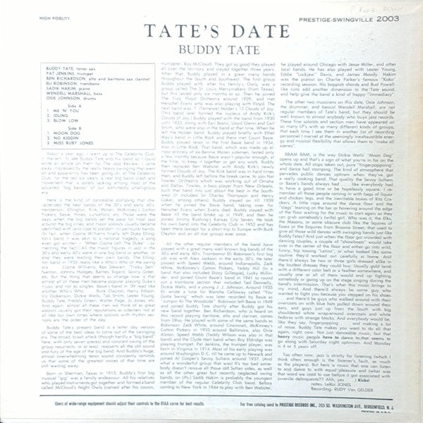 Buddy Tate And His Band : Tate's Date (LP, Album)