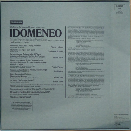 Wolfgang Amadeus Mozart, Werner Hollweg, Trudeliese Schmidt, Rachel Yakar, Felicity Palmer, Kurt Equiluz, Robert Tear, Simon Estes, Mozartorchester Des Opernhauses Zürich & Chor der Oper Zürich, Nikolaus Harnoncourt : Idomeneo (4xLP, Blu + Box)