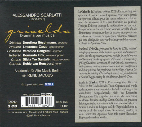 Alessandro Scarlatti - Dorothea Röschmann, Lawrence Zazzo, Veronica Cangemi, Bernarda Fink, Silvia Tro Santafé, Kobie Van Rensburg, Akademie Für Alte Musik Berlin, René Jacobs : Griselda (3xCD, Album + Box)