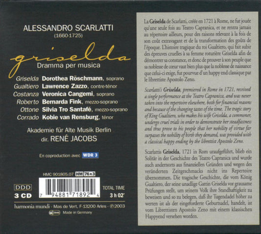 Alessandro Scarlatti - Dorothea Röschmann, Lawrence Zazzo, Veronica Cangemi, Bernarda Fink, Silvia Tro Santafé, Kobie Van Rensburg, Akademie Für Alte Musik Berlin, René Jacobs - Griselda vinyl record, 3xCD (Near Mint (NM or M-)) | Lulo Records
