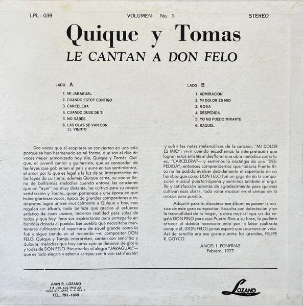 Quique y Tomas : Le Cantan A Don Felo Vol. 1 (LP, Album)