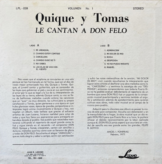 Quique y Tomas - Le Cantan A Don Felo Vol. 1 vinyl record, LP (Very Good Plus (VG+)) | Lulo Records