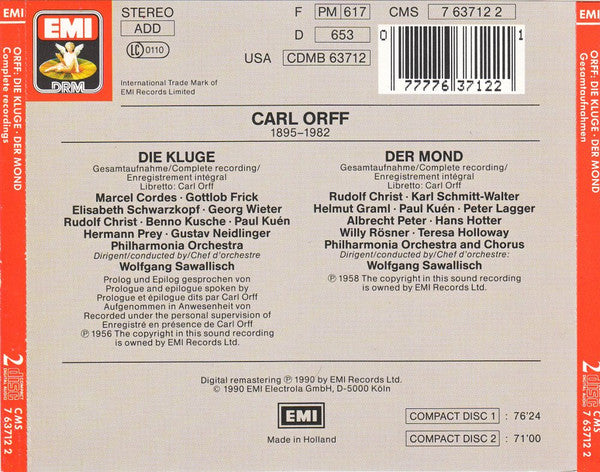 Carl Orff - Philharmonia Orchestra And Philharmonia Chorus, Wolfgang Sawallisch : Die Kluge | Der Mond (2xCD, Album, RE, RM)