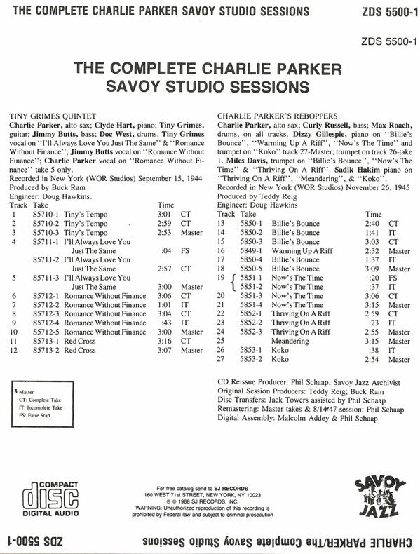 Charlie Parker : The Complete Savoy Studio Sessions (3xCD, Comp, RE, RM + Box, Comp, RE, RM)