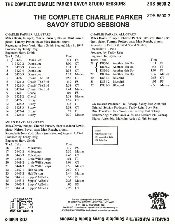 Charlie Parker : The Complete Savoy Studio Sessions (3xCD, Comp, RE, RM + Box, Comp, RE, RM)