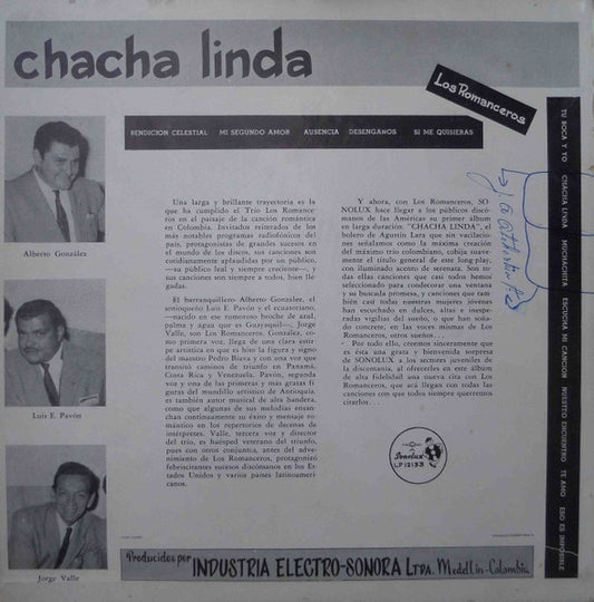 Los Romanceros - Chacha Linda Y Otras Canciones De Serenata Por Los Romanceros vinyl record, LP (Near Mint (NM or M-)) | Lulo Records