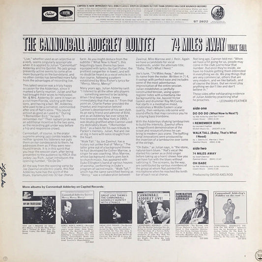 The Cannonball Adderley Quintet - 74 Miles Away / Walk Tall vinyl record, LP (Very Good Plus (VG+)) | Lulo Records