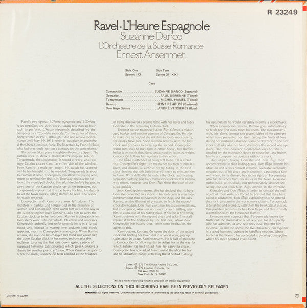 Maurice Ravel, Ernest Ansermet, Suzanne Danco, L'Orchestre De La Suisse Romande : L'Heure Espagnole (LP, Mono, RE)