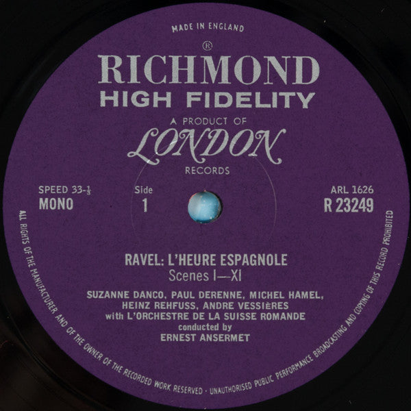 Maurice Ravel, Ernest Ansermet, Suzanne Danco, L'Orchestre De La Suisse Romande : L'Heure Espagnole (LP, Mono, RE)